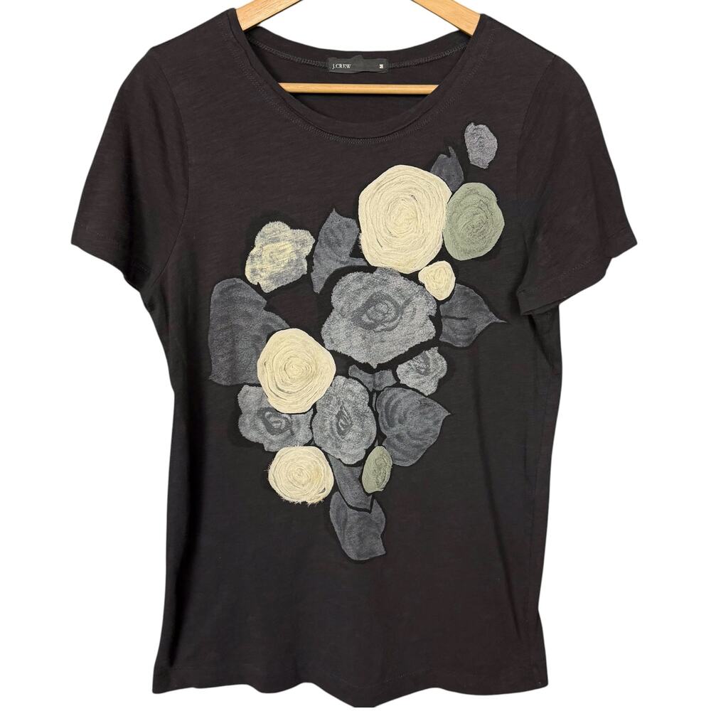 J.Crew Floral Applique Gray T-Shirt Women's Medium 100% Cotton Casual Boho